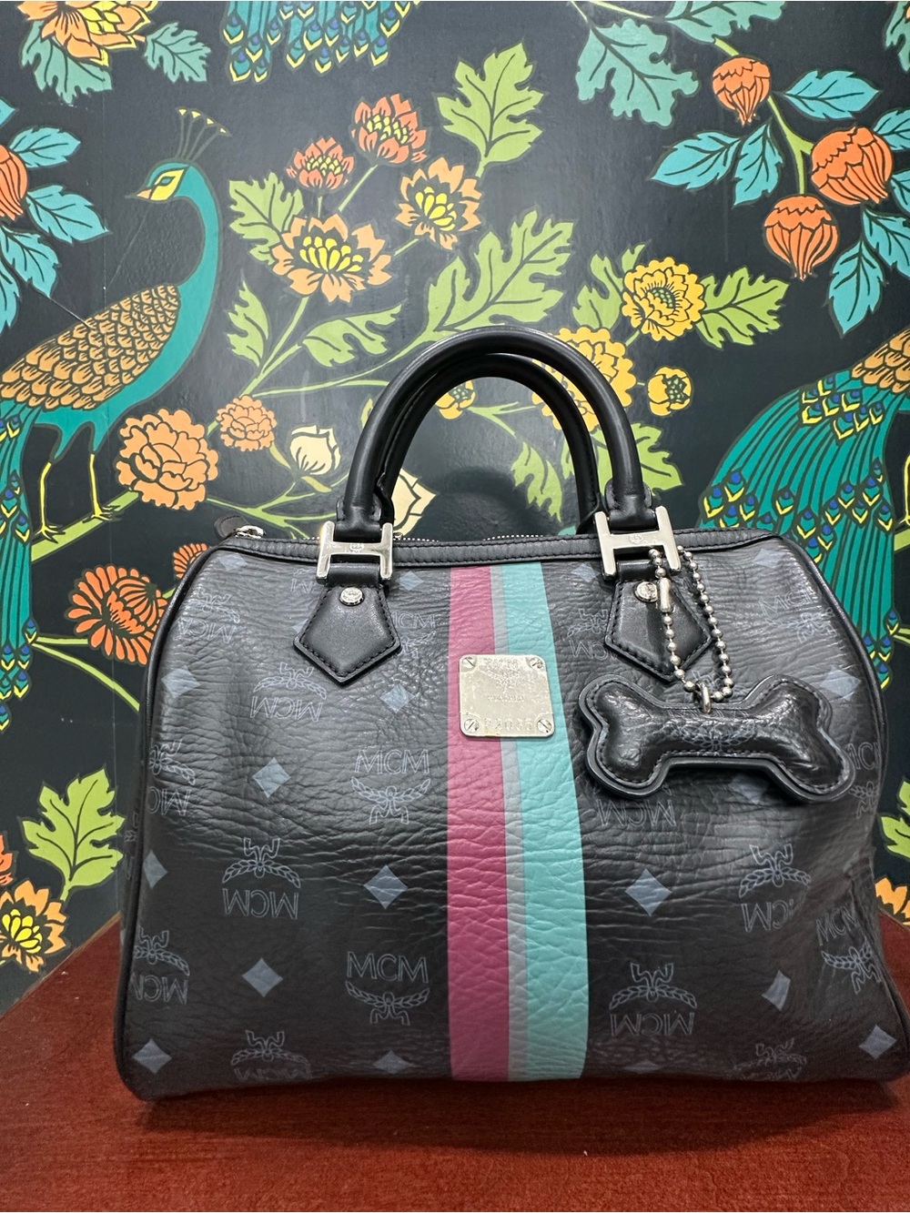 MCM Pet Collection Black Visetos Boston Bag Dog Bone Charm Satchel - Picture 4 of 16